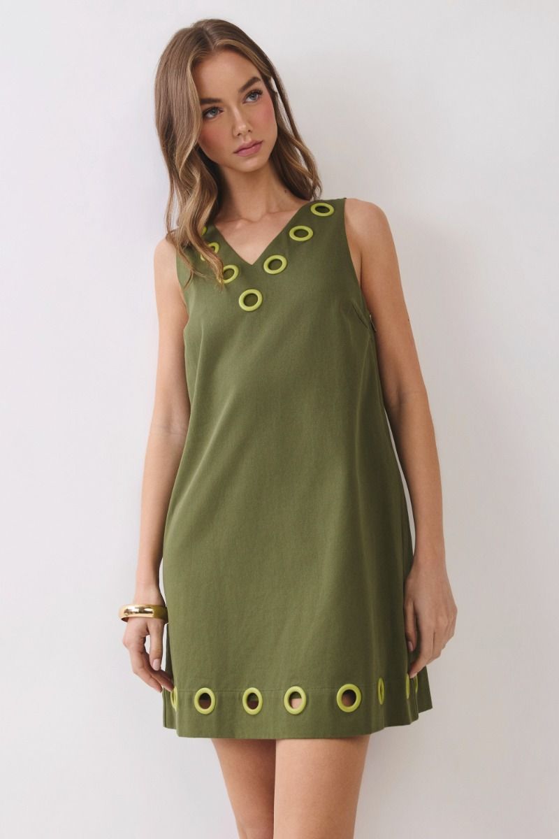 Grommet Ring Shift Dress - Olive