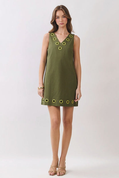 Grommet Ring Shift Dress - Olive