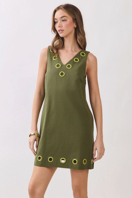 Grommet Ring Shift Dress - Olive