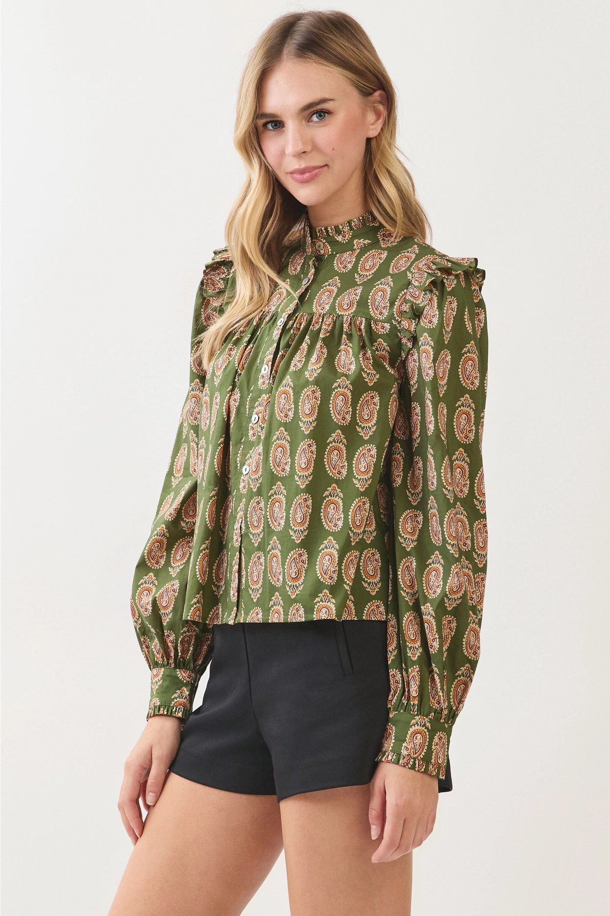 Paisley Print Button Down Shirt - Olive