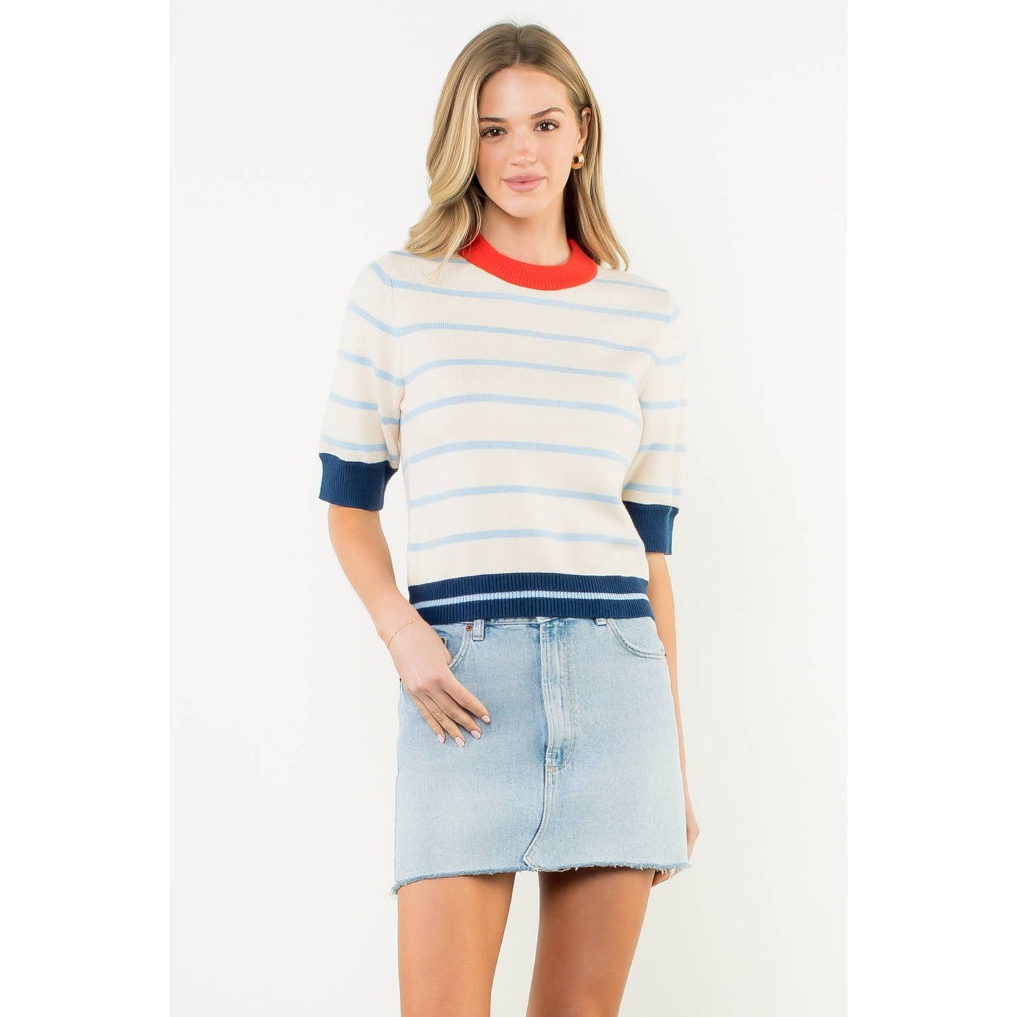 Colorblock Rib Trim Striped Knit Top - Cream