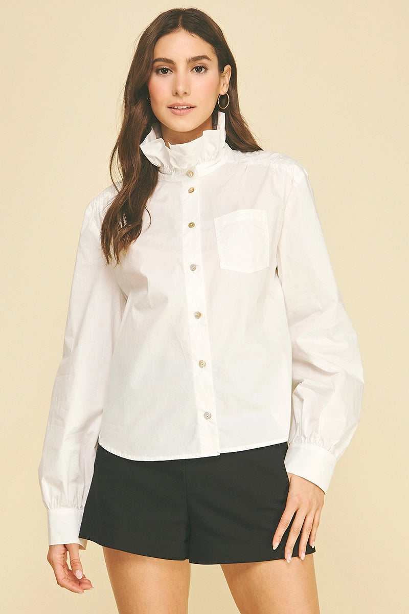 Ruffled High-Neck Button Down Shirt - Off White