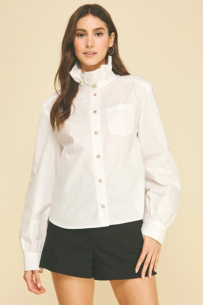 Ruffled High-Neck Button Down Shirt - Off White