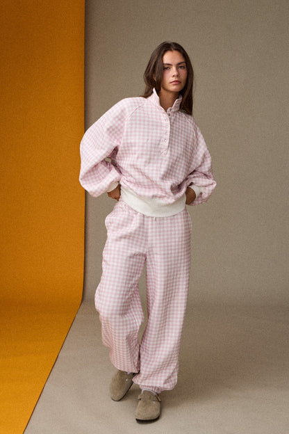 Gingham Drawstring Joggers - Pink/White