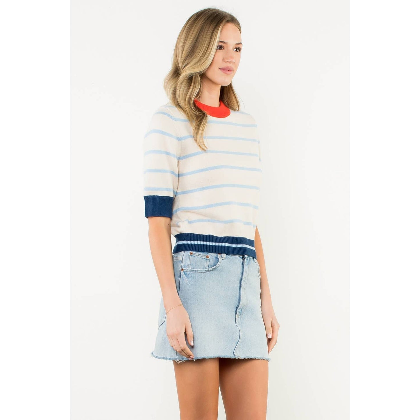 Colorblock Rib Trim Striped Knit Top - Cream
