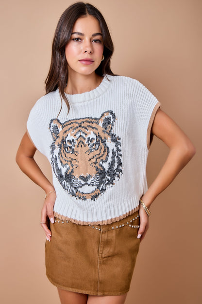 Game Day Tiger Intarsia Sweater Vest - Ivory/Brown