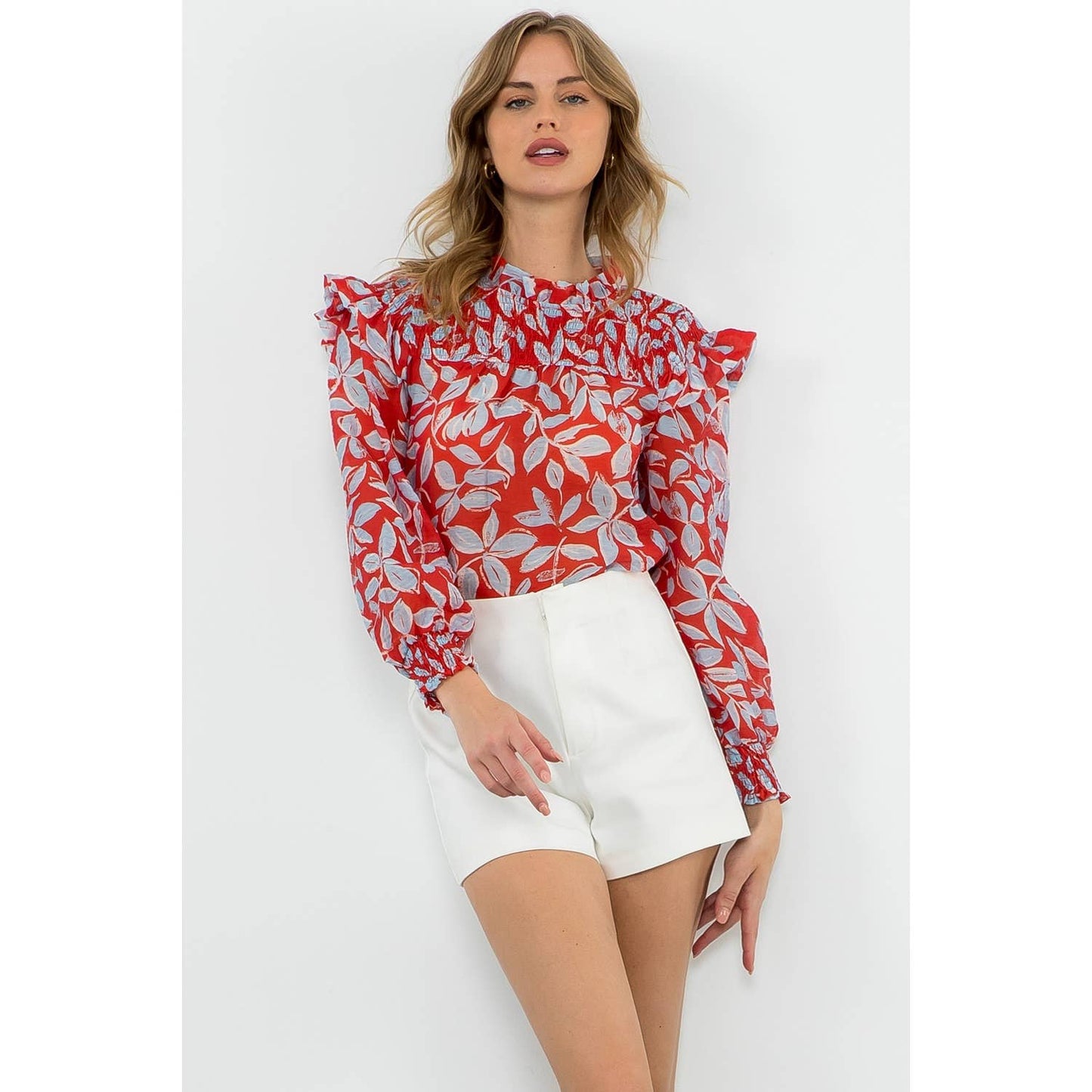Long Sleeve Sheer Print Top - Red