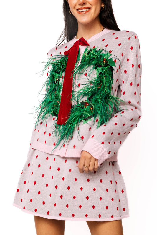 Queen of Sparkles Light Pink & Red Polka Dot Wreath Neck Knit Sweater