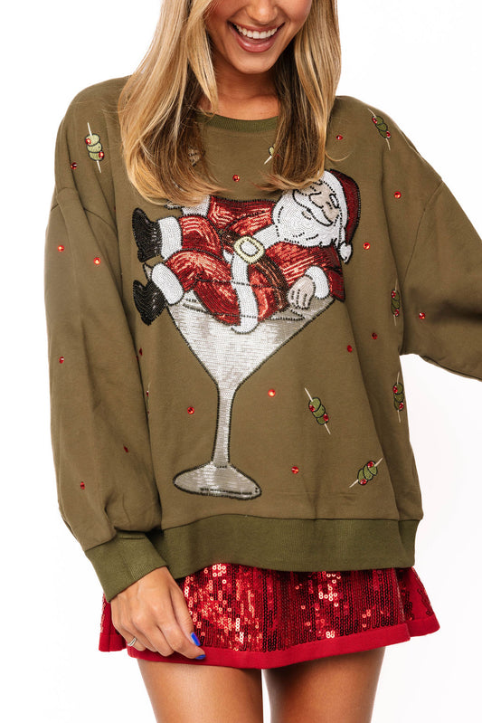 Queen of Sparkles Olive Green Santa in a Martini Glass Sweatshirt