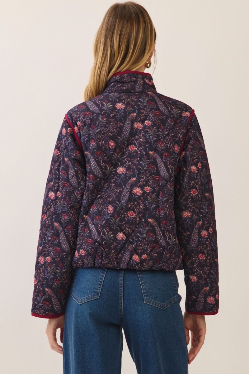 Peacock & Floral Print Quilted Jacket - Navy