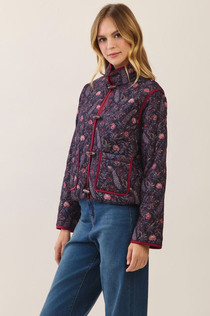 Peacock & Floral Print Quilted Jacket - Navy