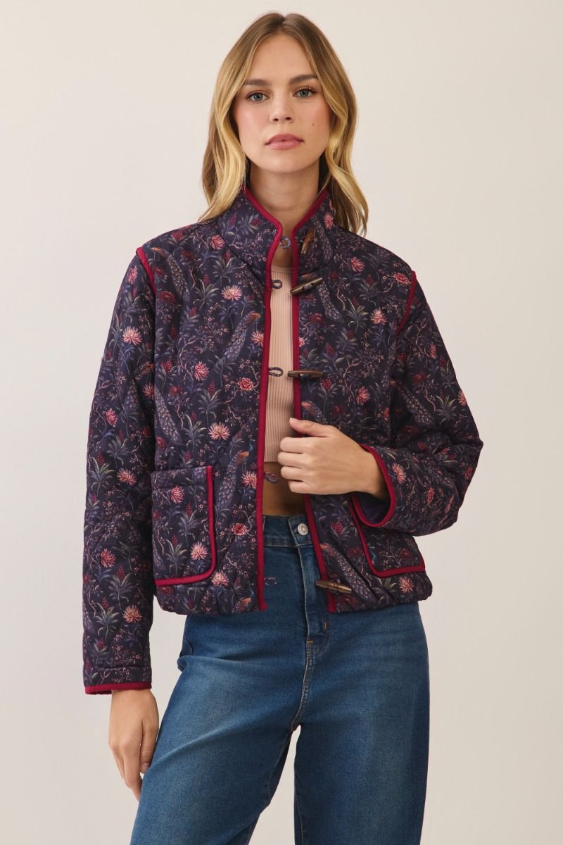Peacock & Floral Print Quilted Jacket - Navy