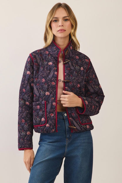 Peacock & Floral Print Quilted Jacket - Navy