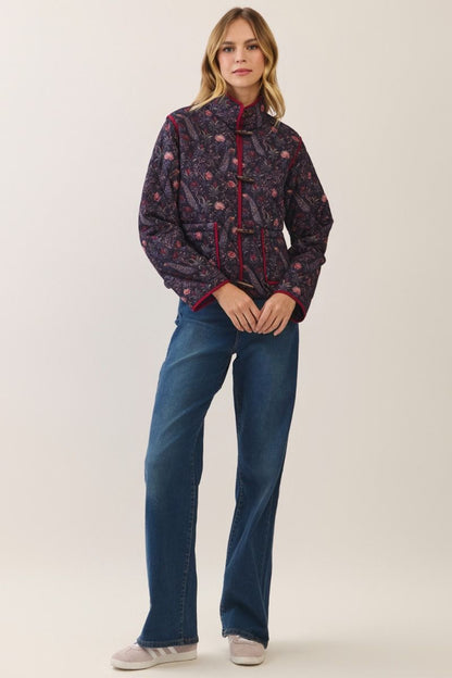 Peacock & Floral Print Quilted Jacket - Navy