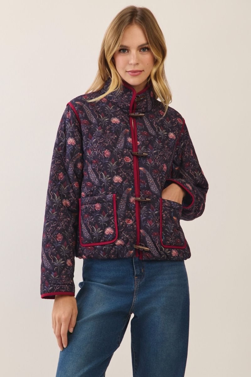 Peacock & Floral Print Quilted Jacket - Navy
