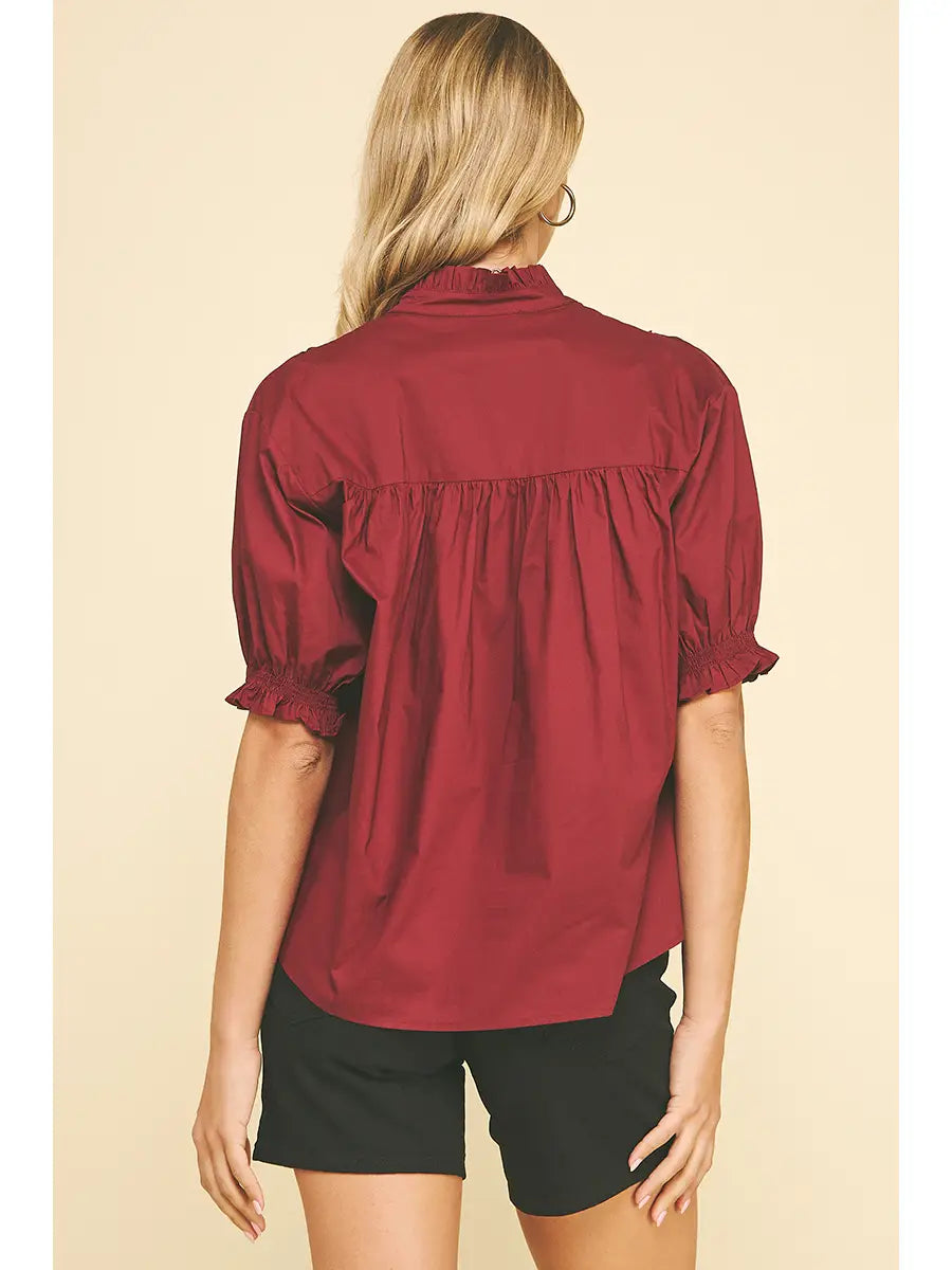 Balloon Sleeve Blouse Top - Burgundy