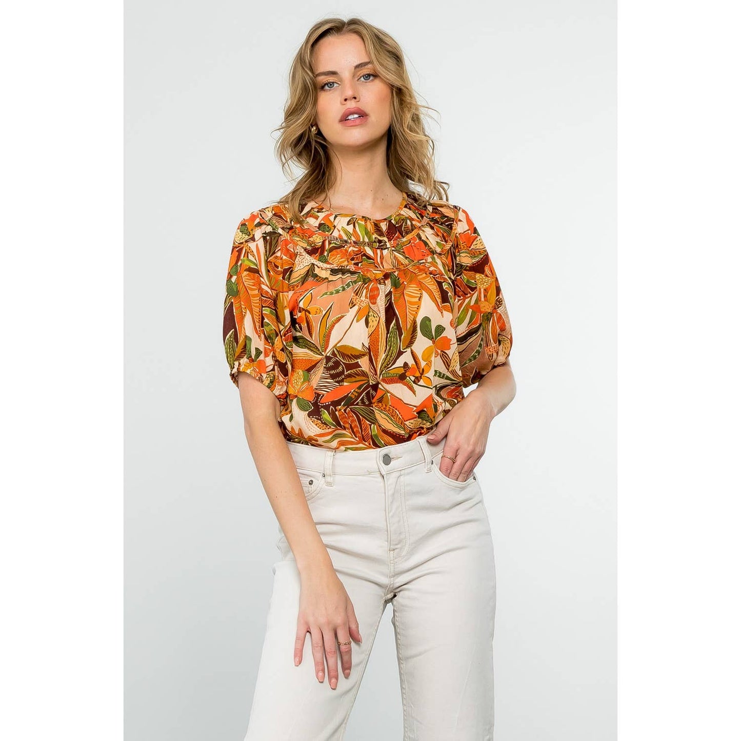Puff Sleeve Floral Top - Beige