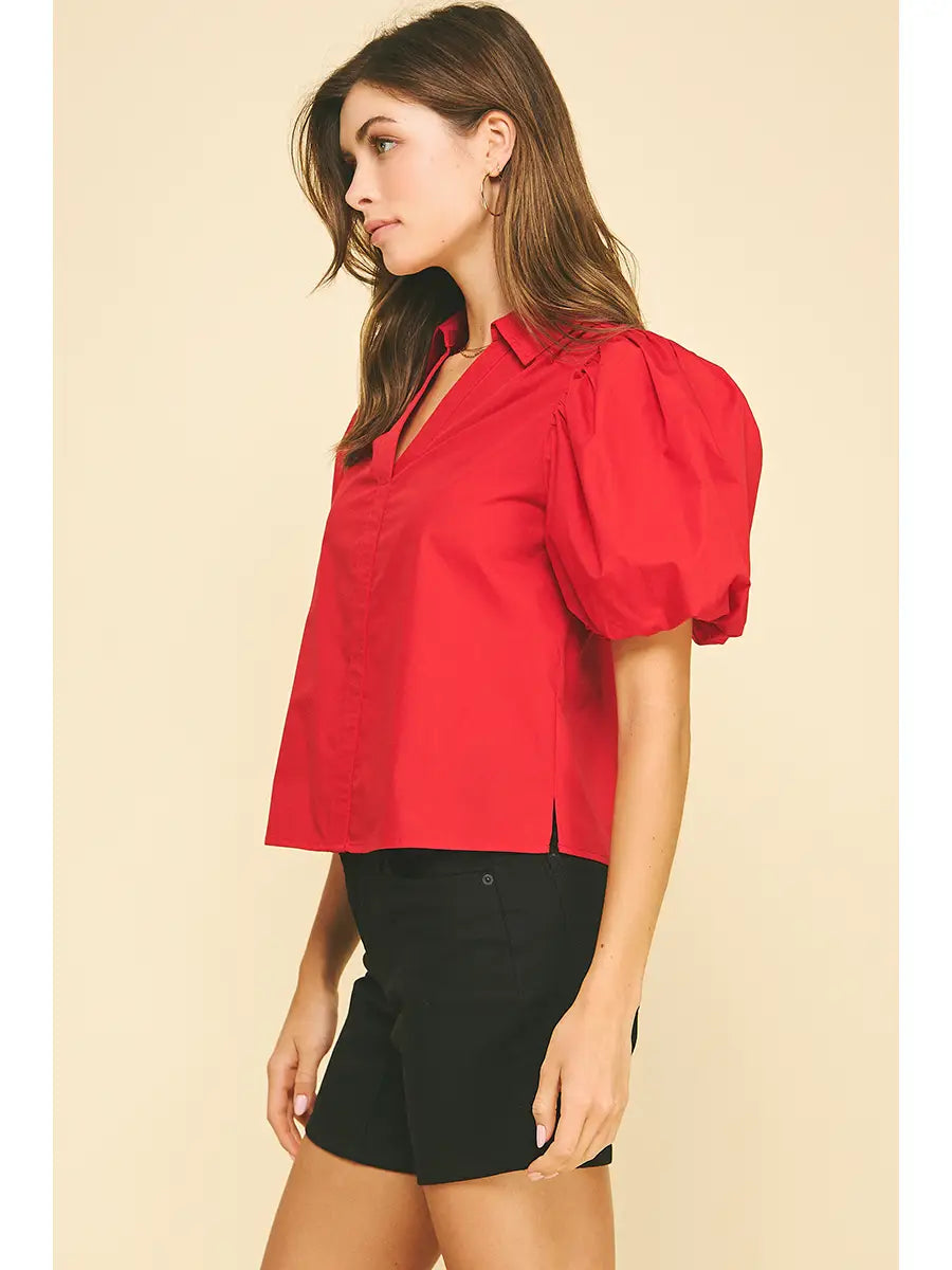 Bubble Sleeve Blouse Top - Fairy Red
