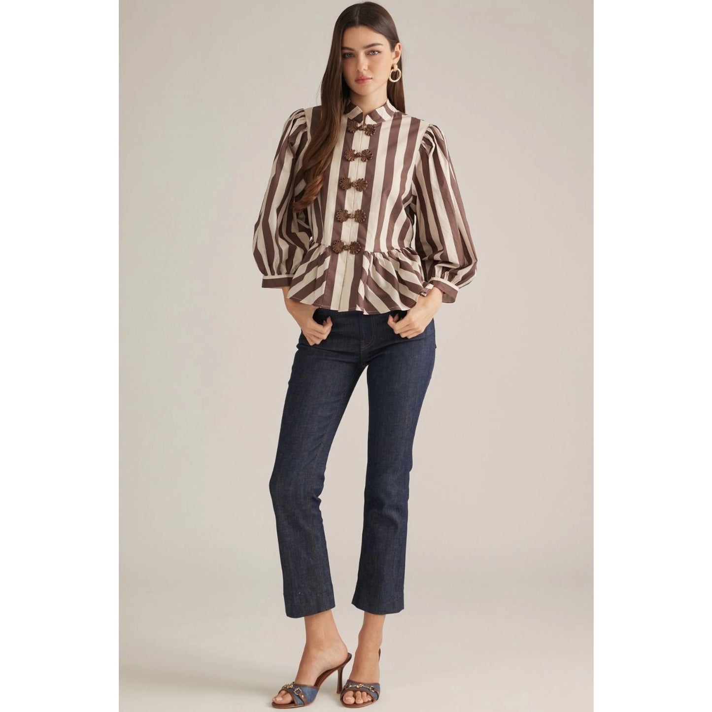 Stripe 3/4 Balloon Sleeve Top - Brown/Ecru