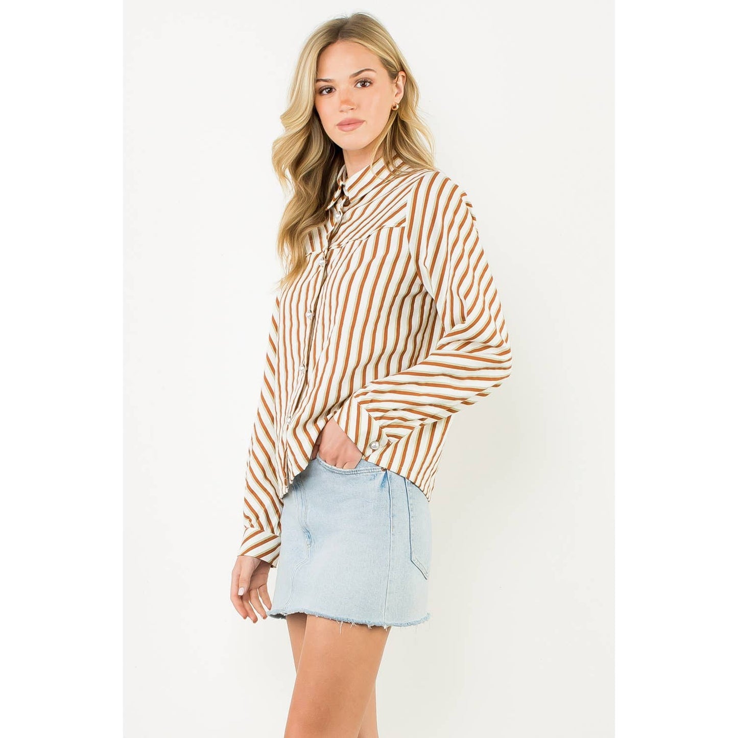 Pearl Button Long Sleeve Stripe Top - Brown