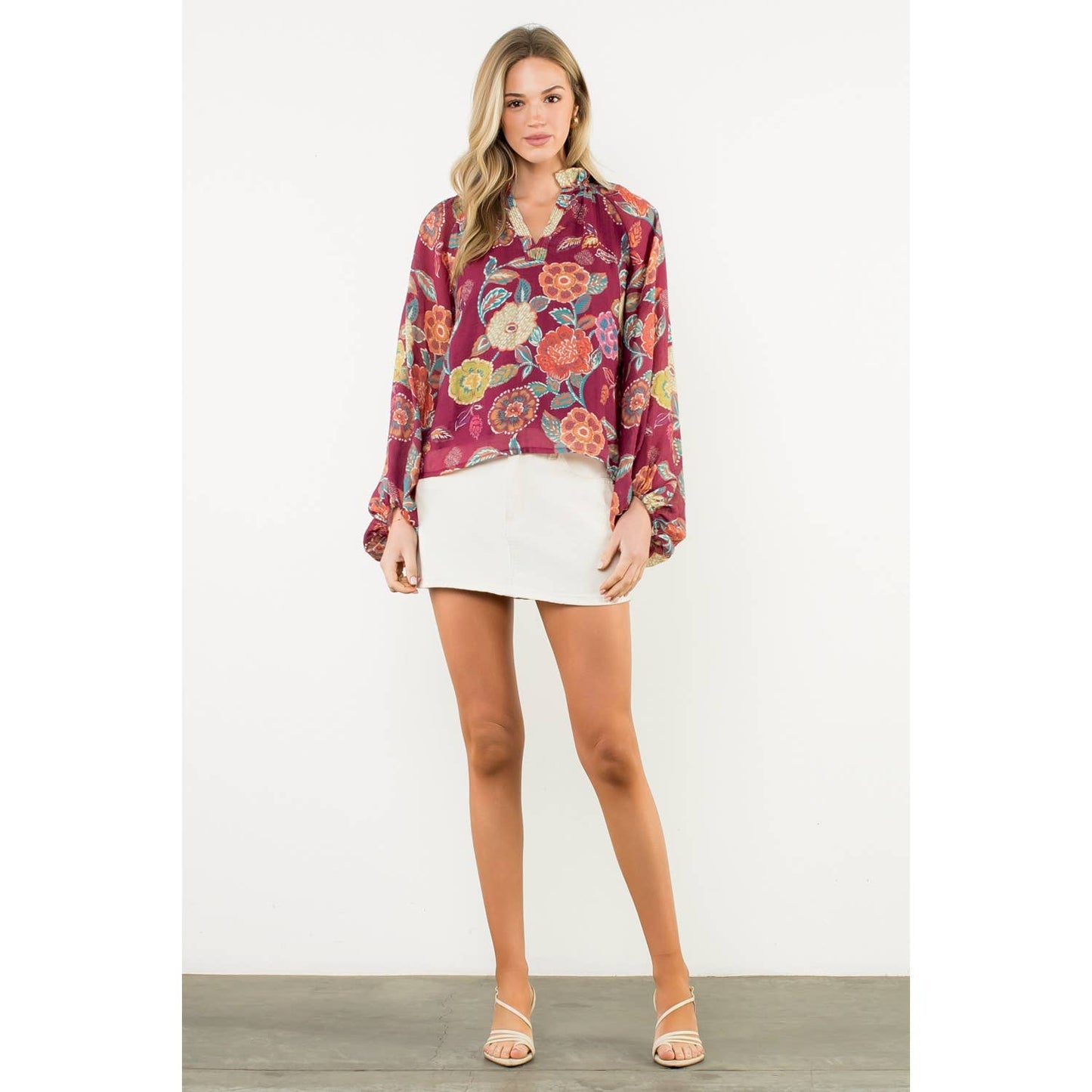 Pleated Collar Floral Long Sleeve Top - Burgundy