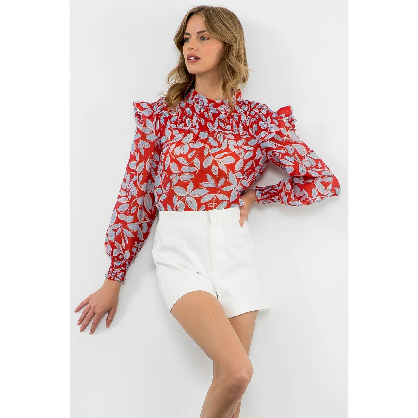 Long Sleeve Sheer Print Top - Red