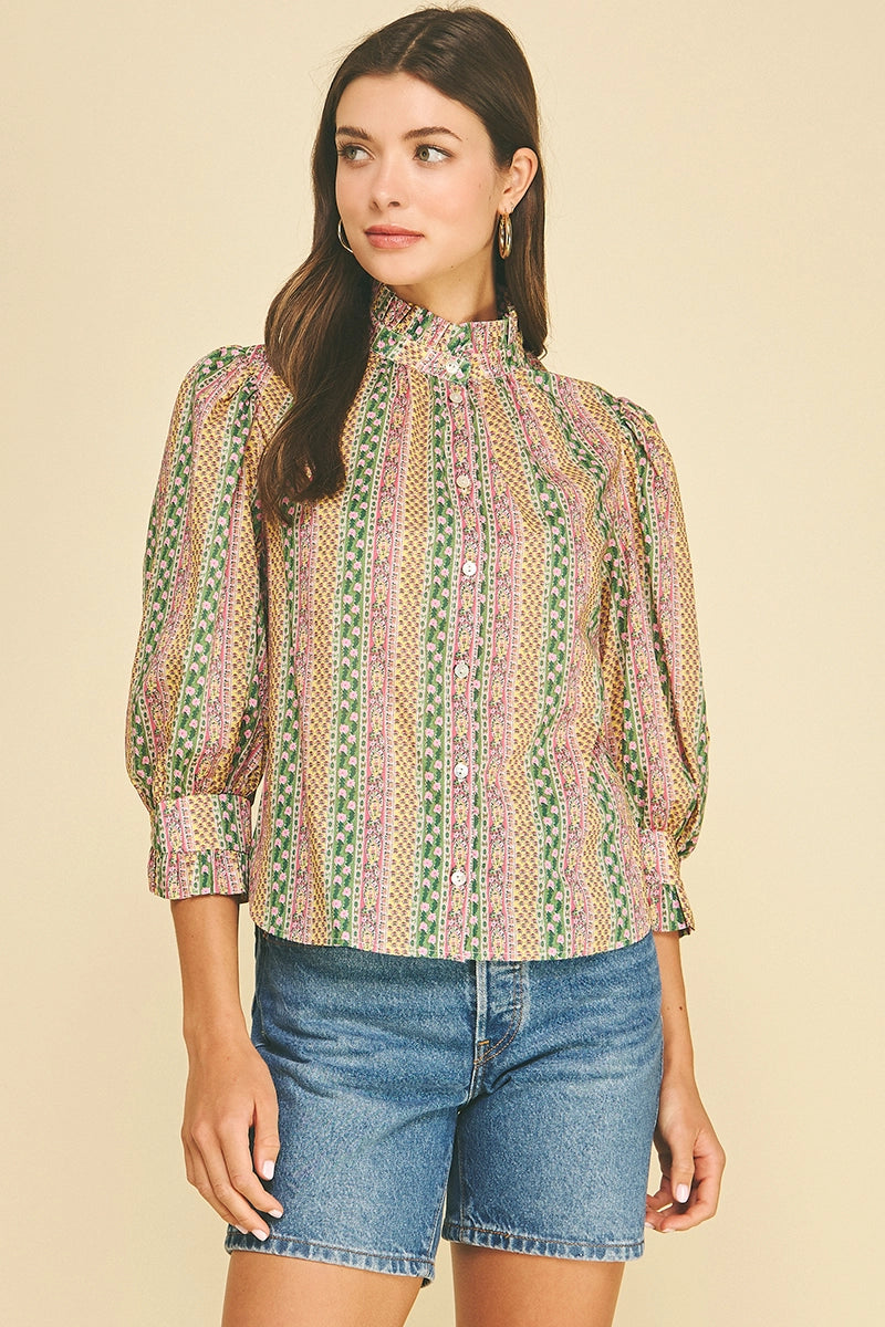 Floral Botanical Print Button Down Blouse - Green Multi