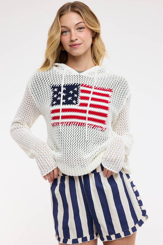American Flag Open-Knit Hoodie - Off White