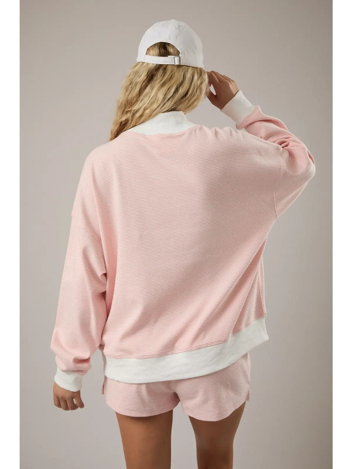 Mock Neck Stripe Sweatshirt Top - Peach/Cream