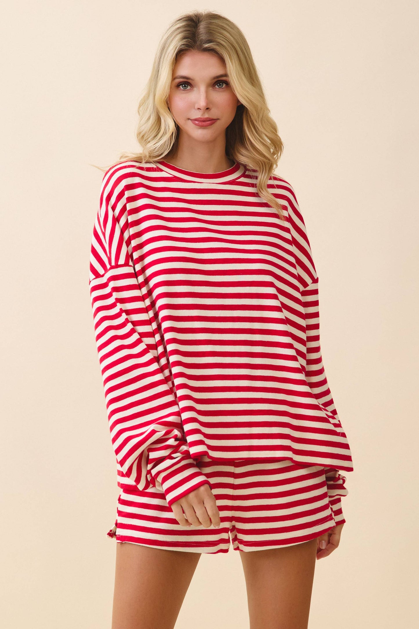Striped Dropped Shoulders Relaxed Long Sleeve Top - Red
