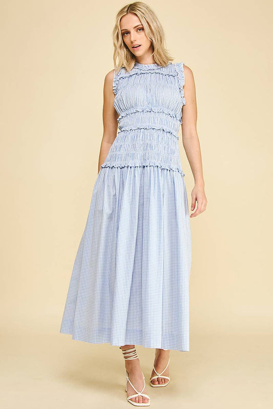 Gingham Shirring Detailed Maxi Dress - Blue