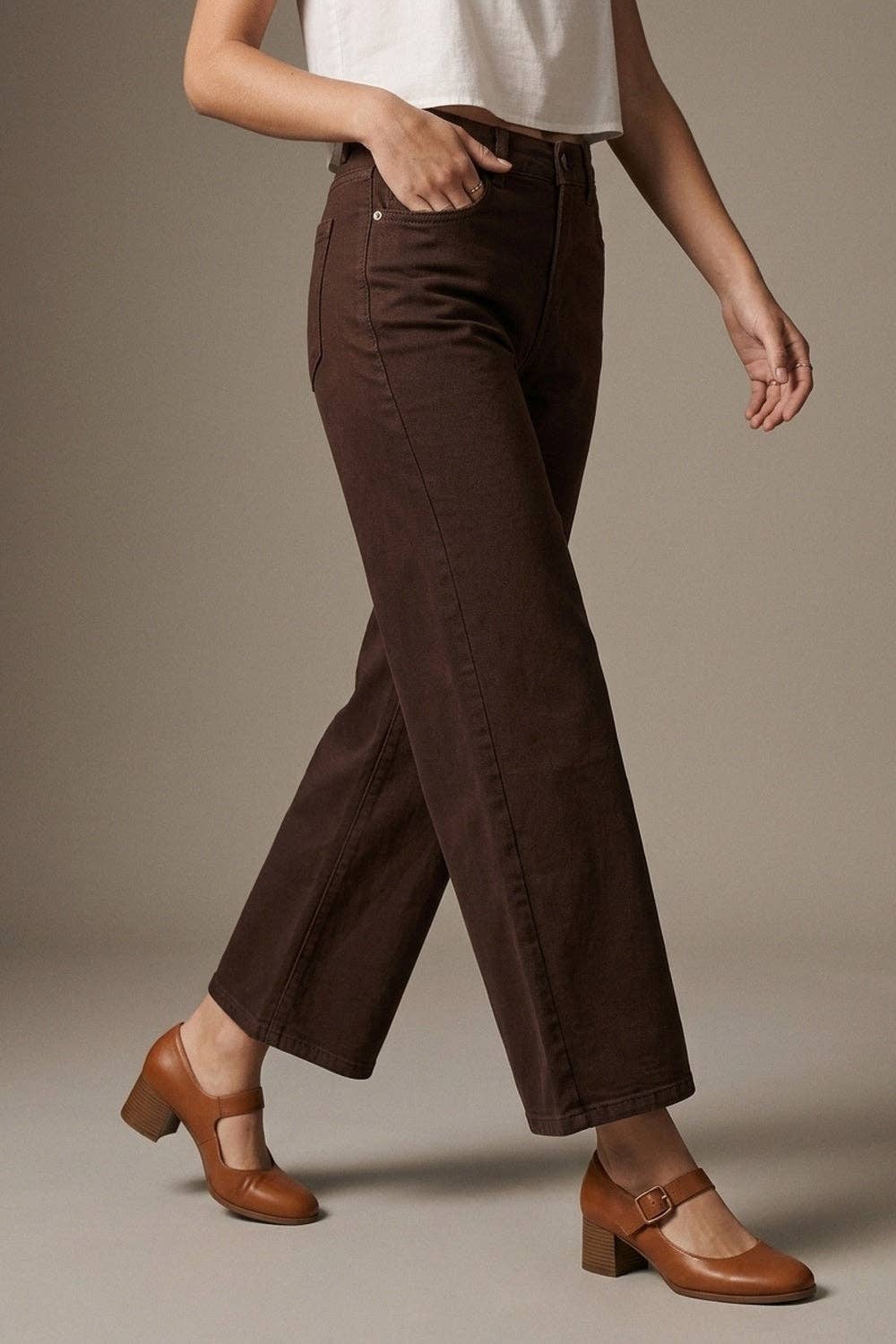 Wide Leg Cropped Jeans - Chocolate Brown