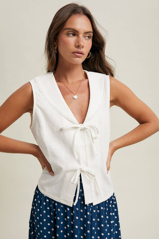 Linen Front Tie Sleeveless Top - Off White