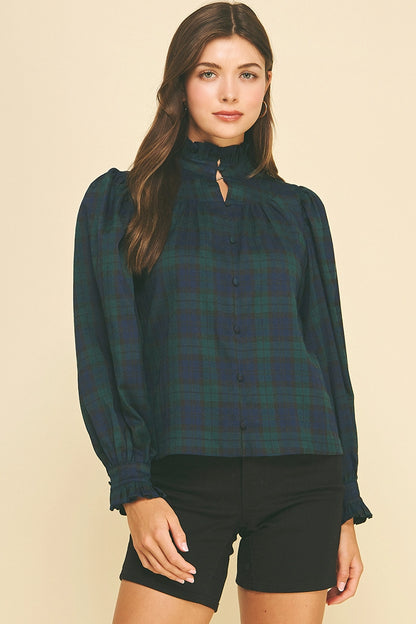 Plaid Ruffled Mock Neck Shirt - Navy/Green