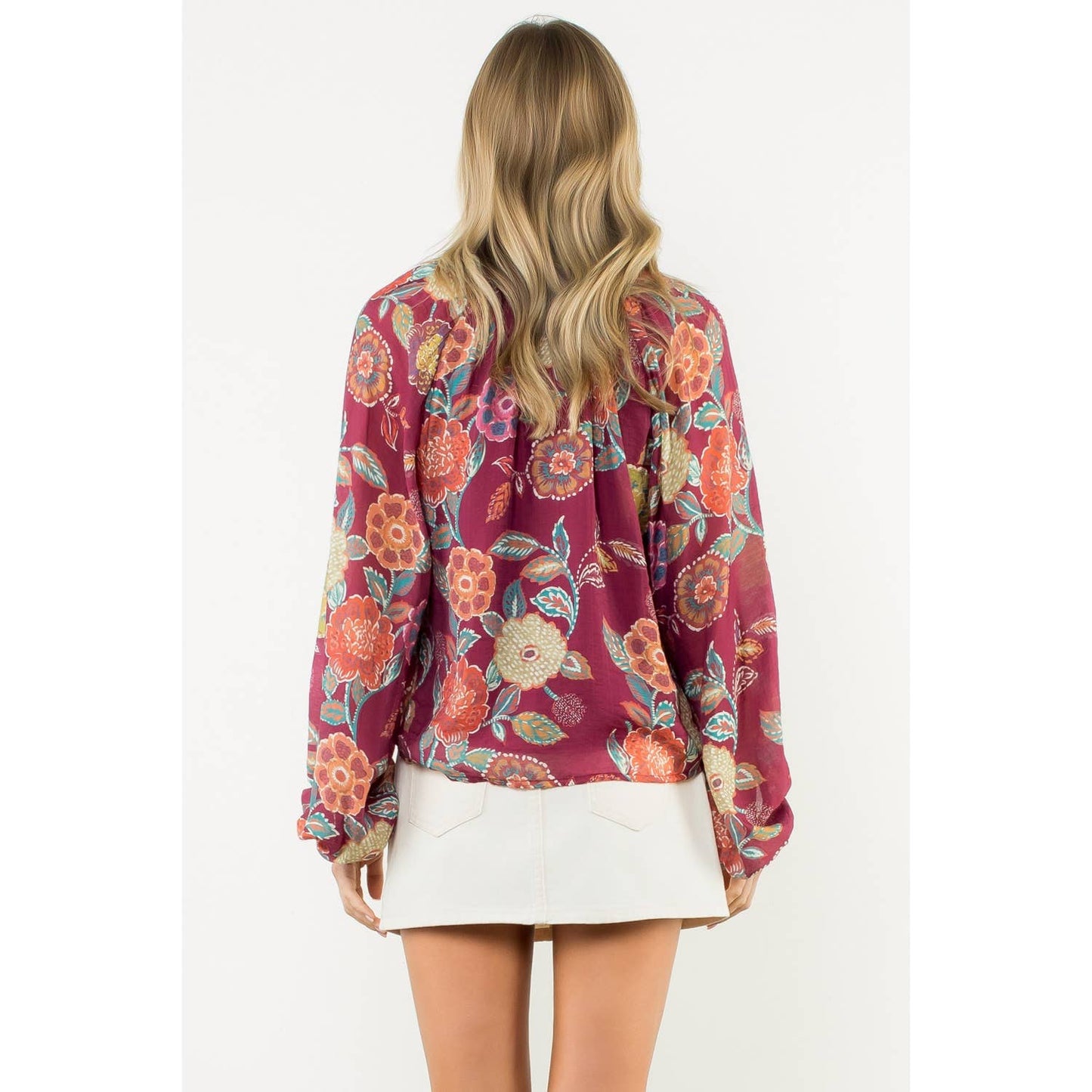 Pleated Collar Floral Long Sleeve Top - Burgundy