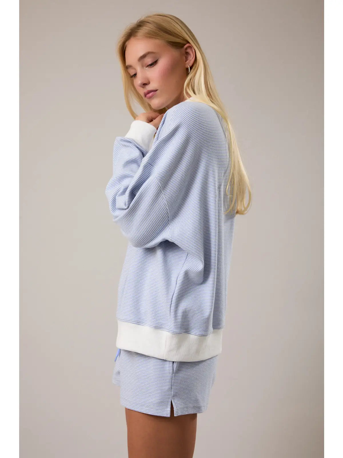 Mock Neck Stripe Sweatshirt Top - Light Blue/Cream