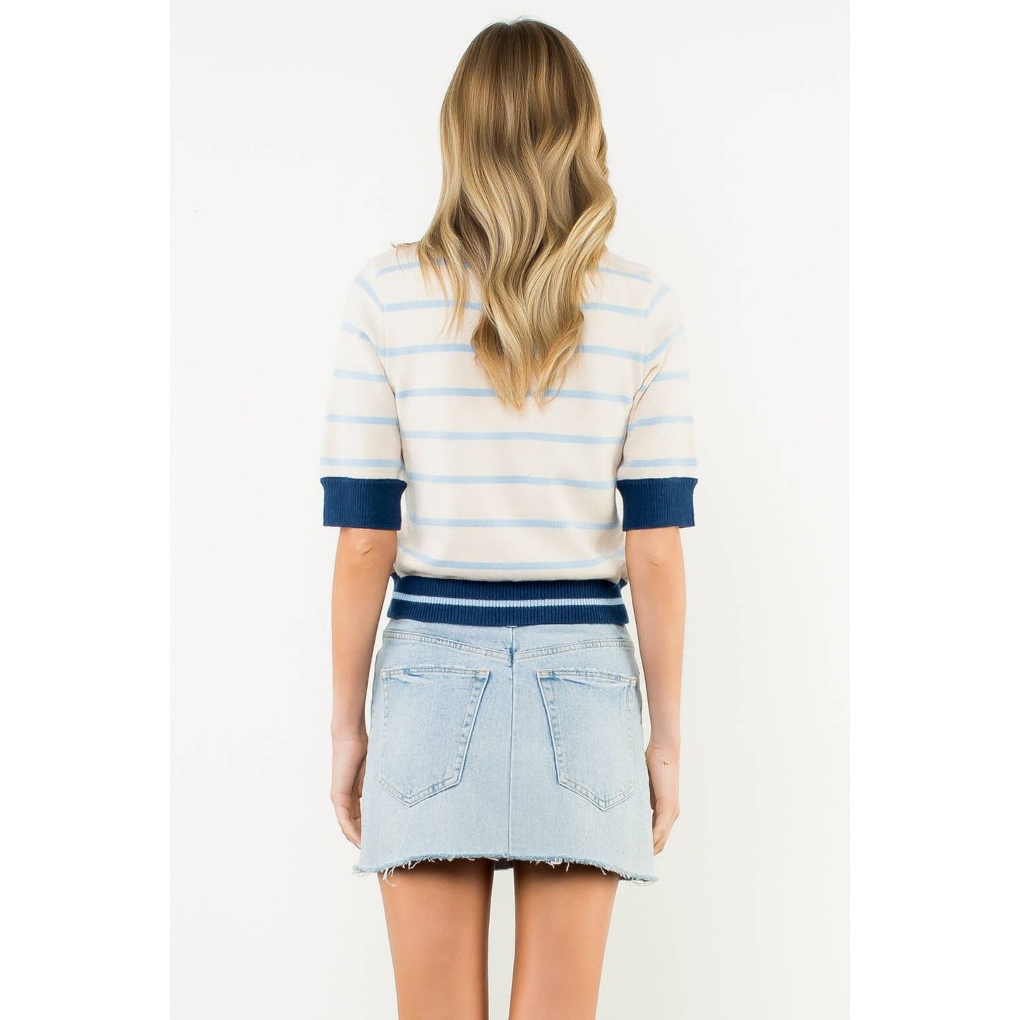 Colorblock Rib Trim Striped Knit Top - Cream