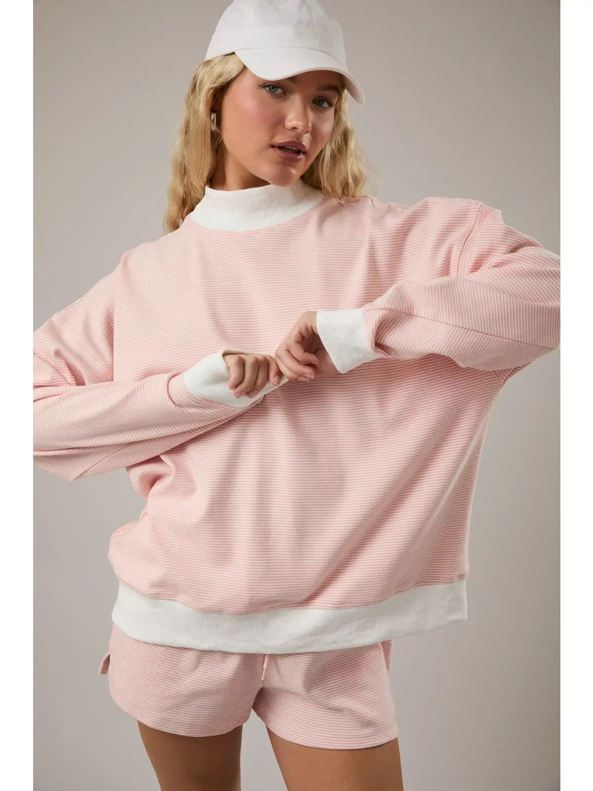 Mock Neck Stripe Sweatshirt Top - Peach/Cream