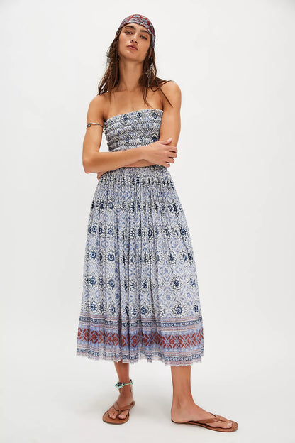 Free People Ravenna Printed Maxi Skirt/Midi Dress - Bluebird Combo