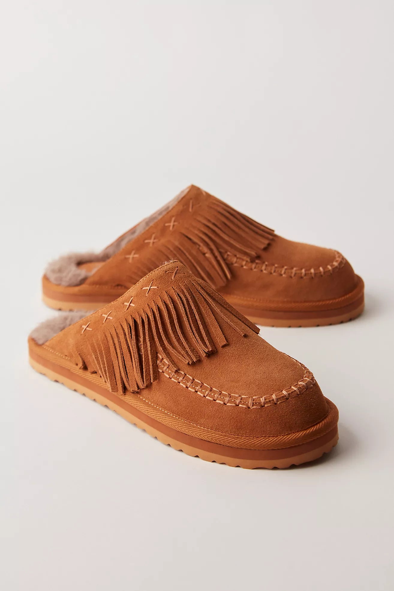 Free People Fallon Fringe Mule Shoes - Toffee Suede
