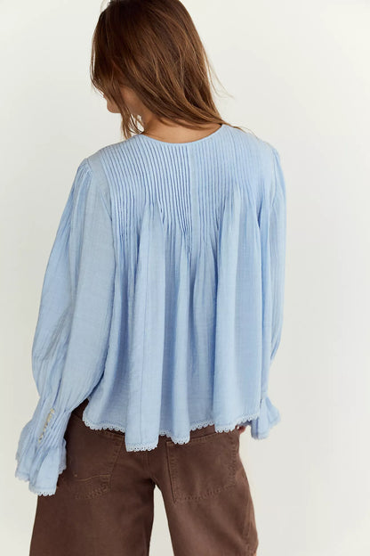 Free People Thousand Pintucks Blouse - Poplin Blue