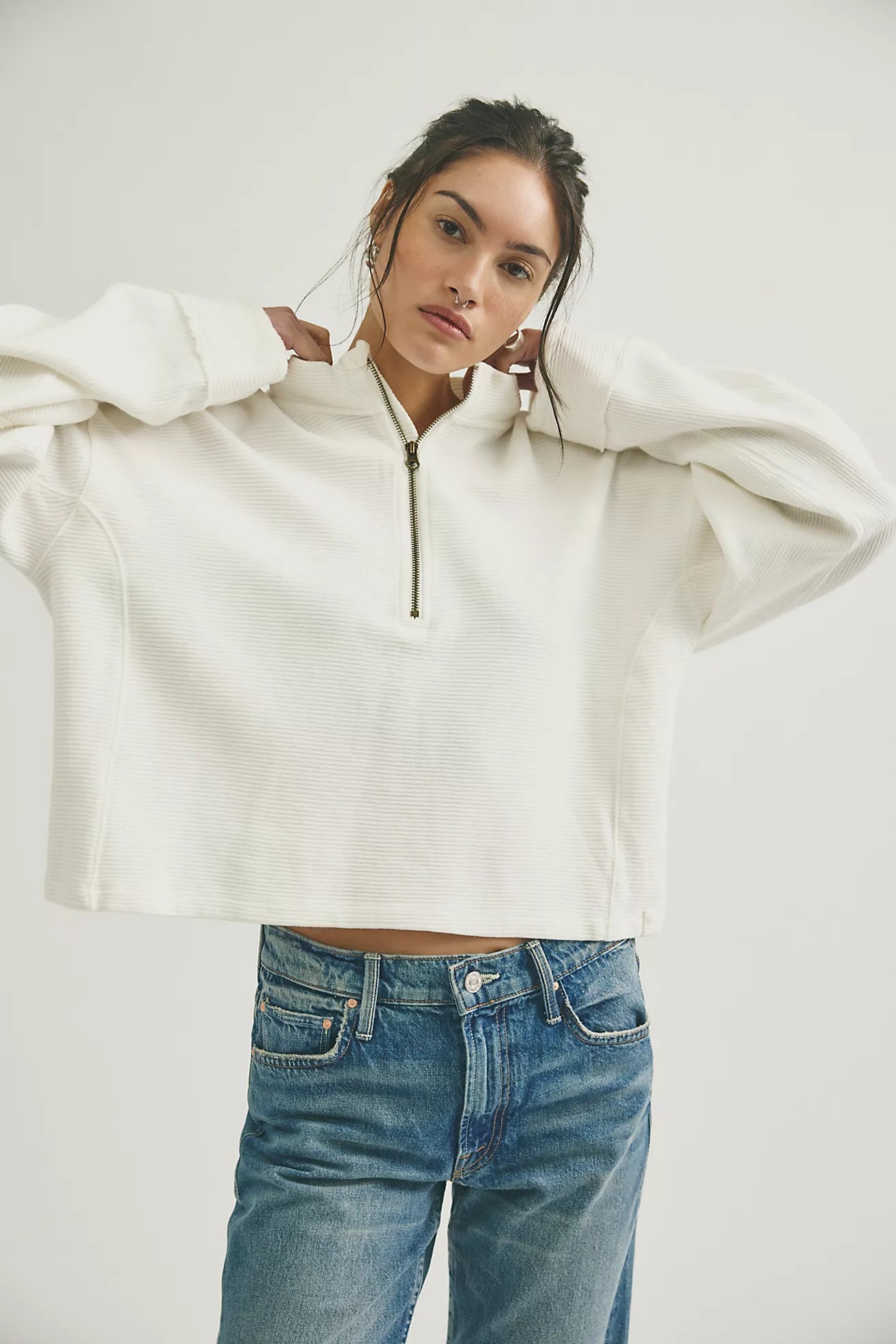 Free People Celeste Quarter Zip Top - Clean Ivory