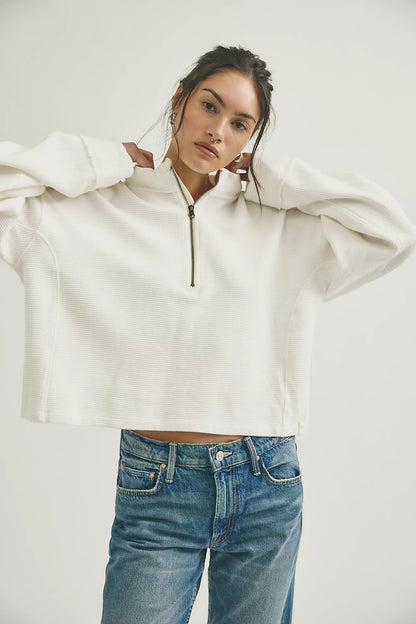 Free People Celeste Quarter Zip Top - Clean Ivory