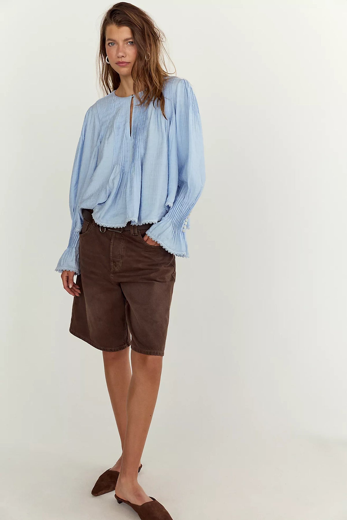 Free People Thousand Pintucks Blouse - Poplin Blue