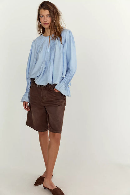Free People Thousand Pintucks Blouse - Poplin Blue