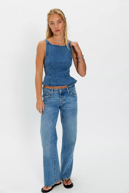 Free People Sunfaded Denim Top - Steel Blue