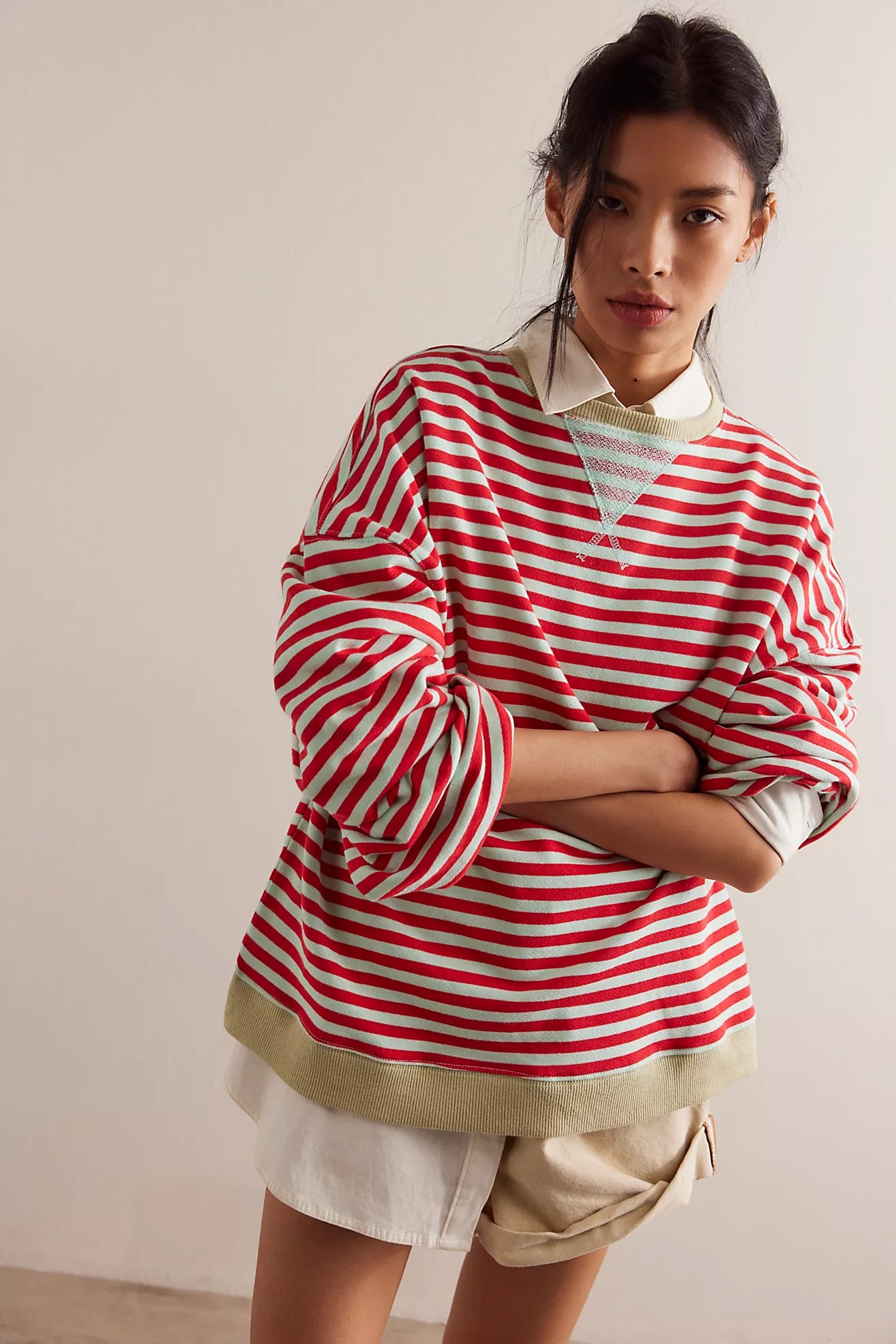 Free People Classic Striped Oversized Crewneck Shirt - Cherry Combo