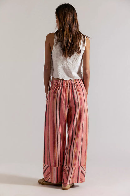 Free People Days End Solar Linen Stripe Pants - Soft Coral Combo