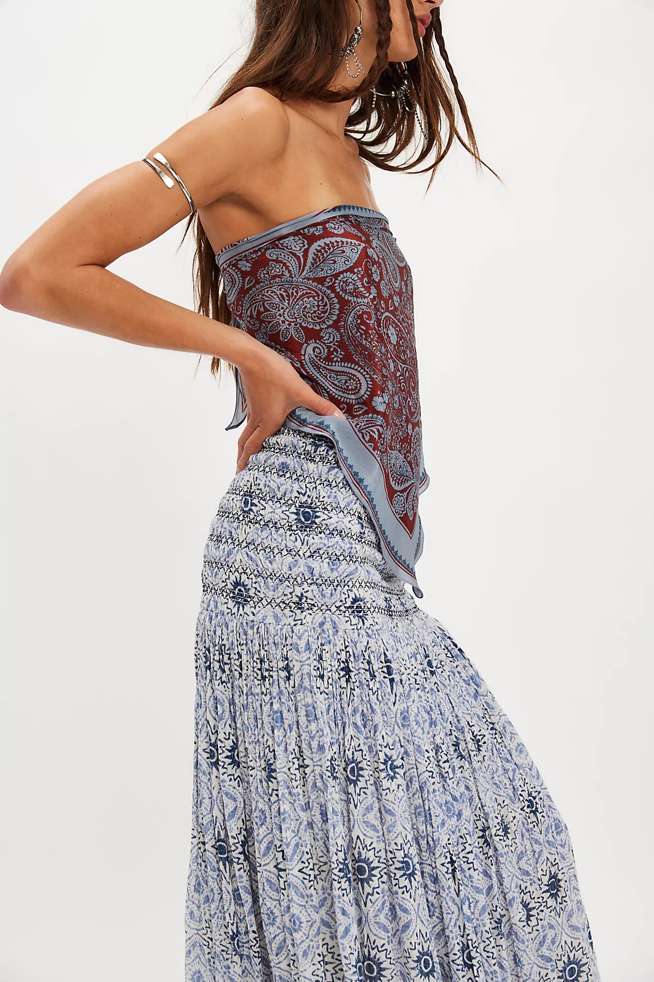 Free People Ravenna Printed Maxi Skirt/Midi Dress - Bluebird Combo