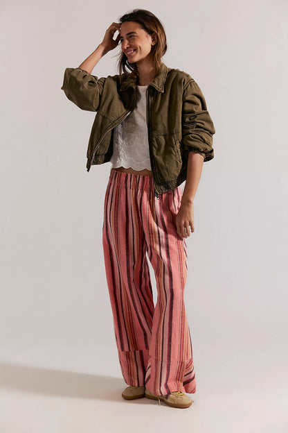 Free People Days End Solar Linen Stripe Pants - Soft Coral Combo